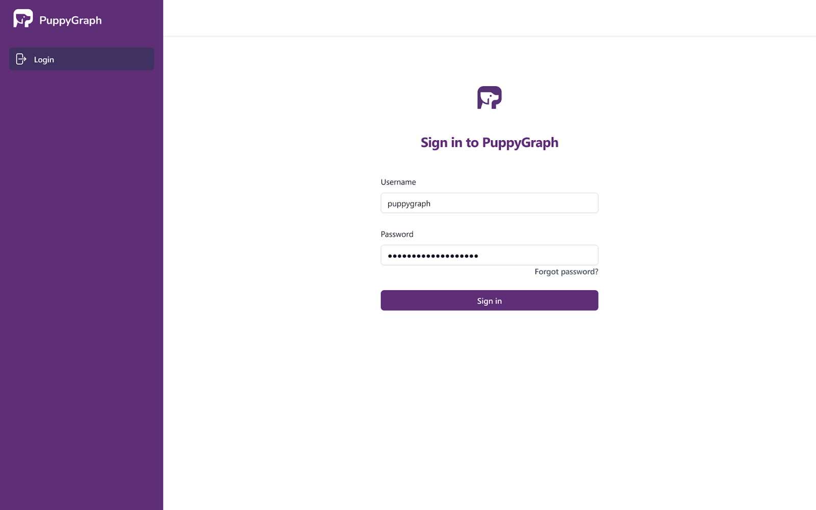 PuppyGraph login screen