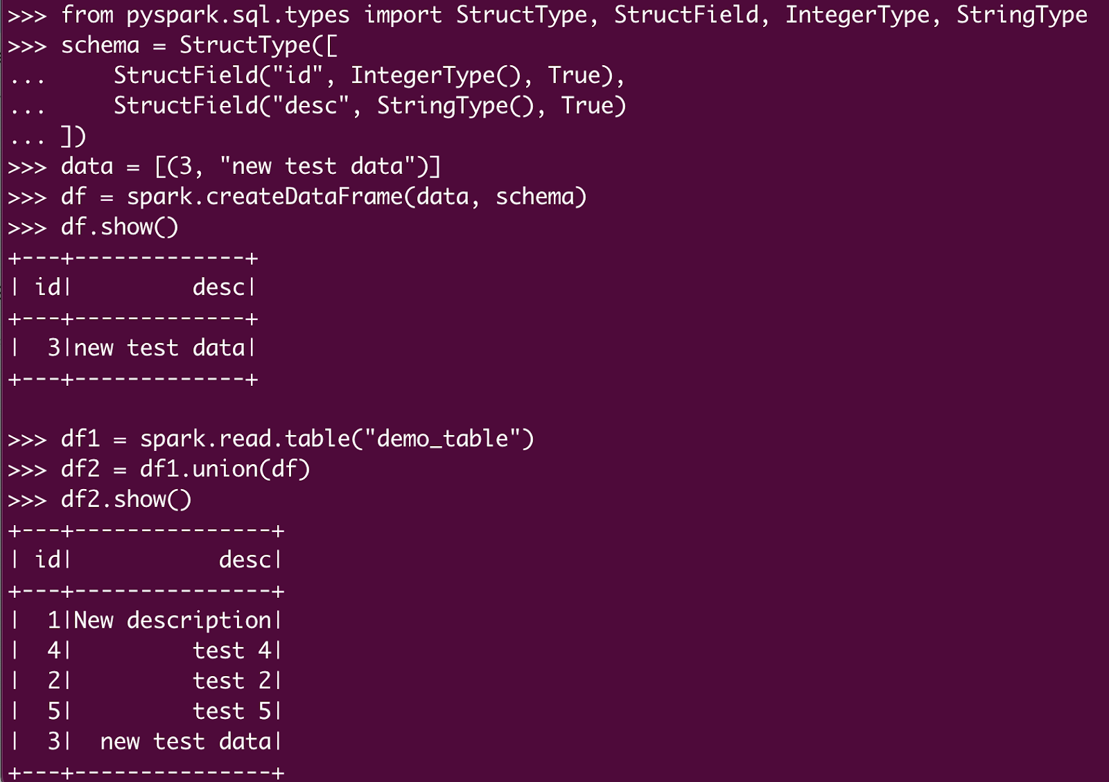 Terminal displaying code to define a schema using StructType for a new DataFrame in Spark, followed by a union operation combining the new DataFrame with an existing &#x27;demo_table&#x27; DataFrame.