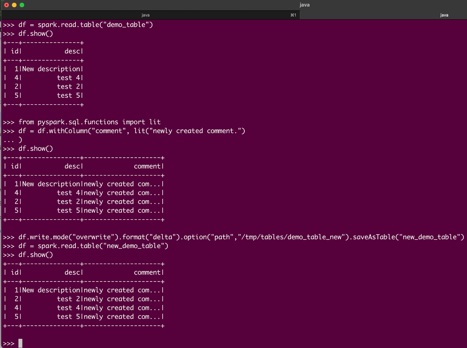 Terminal session in Spark with commands to load &#x27;demo_table&#x27; into a DataFrame, add a &#x27;comment&#x27; column, and save the modified data as &#x27;new_demo_table&#x27; in Delta format.