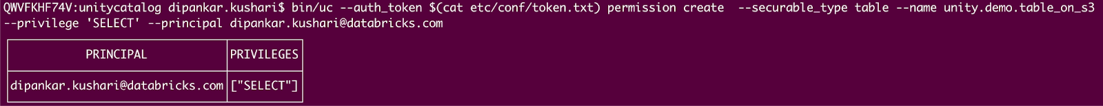 Command line interface showing a Databricks Unity Catalog command that grants &#x27;SELECT&#x27; permission to &#x27;dipankar.kushari@databricks.com&#x27; for the &#x27;unity.demo.table_on_s3&#x27; table.