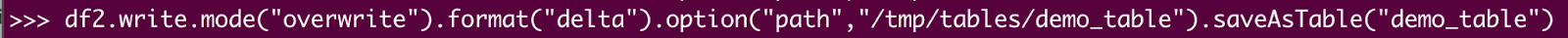 Terminal command in Spark for overwriting &#x27;demo_table&#x27; with updated data using Delta format and specifying a file path.
