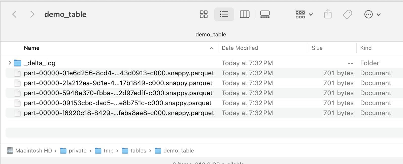 File explorer window displaying a folder named &#x27;demo_table&#x27; containing Delta Lake files. Inside the folder are Parquet files with names starting with &#x27;part&#x27; followed by unique identifiers, ending with &#x27;.snappy.parquet&#x27;. There is also a subfolder labeled &#x27;_delta_log&#x27; indicating it holds Delta Lake metadata.