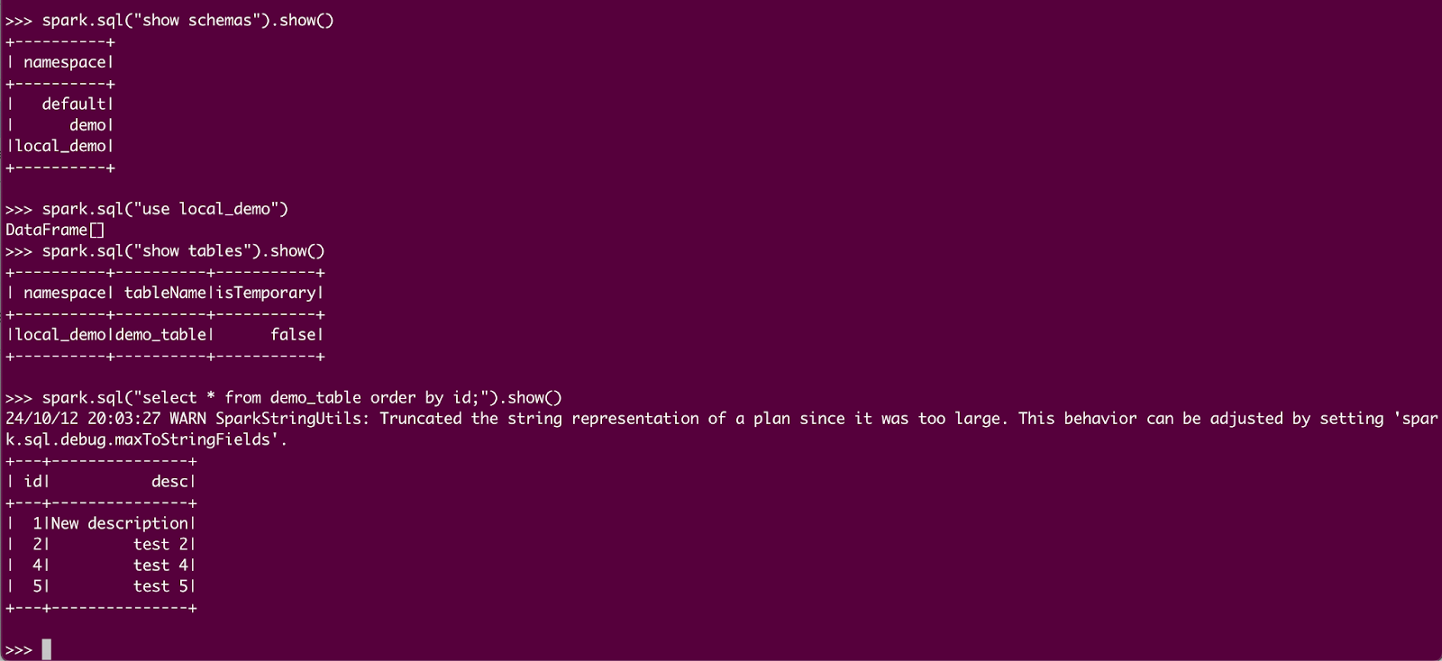 Terminal commands in Spark SQL, showing schemas, setting a database, displaying tables, and selecting data from &#x27;demo_table&#x27; ordered by &#x27;id.&#x27; A warning about truncated string representation appears for large plan output.