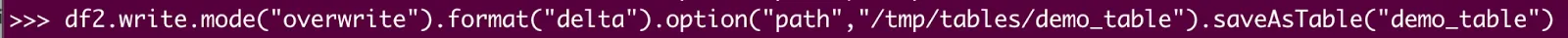 Terminal command in Spark for overwriting 'demo_table' with updated data using Delta format and specifying a file path.